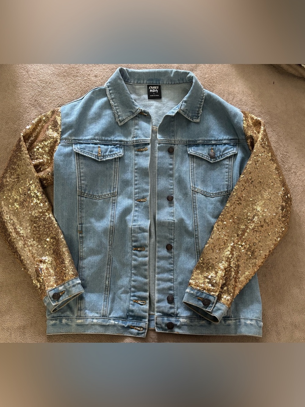 Crimes of Beauty Light Blue Denim Jacket with Gold Sequin Sleeves